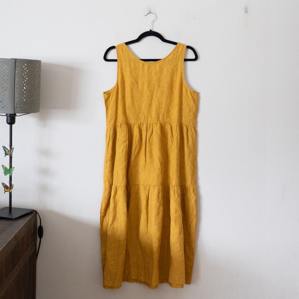 Eileen Fisher Washed Organic Linen Delave Tiered Dress Marigold Yellow - Picture 5 of 6